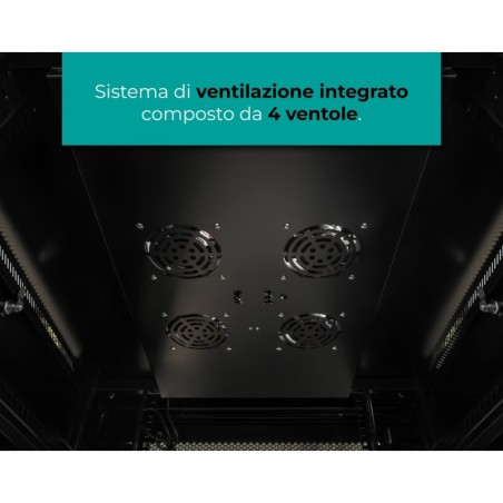 rack a pavimento 42 unità 600x800x2000 mm con 4 ventole, 4 ruote e 4 montanti, laterali removibili, colore nero
