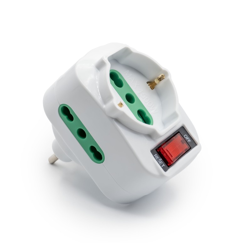 MACH POWER Adattatore rotante con spina 10A, con 2 prese 16A 2P+T bipasso e 1 presa bipasso/schuko