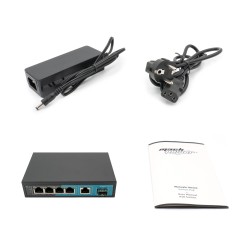 Switch 4 porte gigabit, 1 Porta Uplink Gigabit, 1 Porta SFP, fino a 250 metri, con Funzione VLAN, 65W