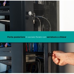 Rack a pavimento 22 unità 600x600x1100 con 2 ventole, 4 ruote e 4 montanti, laterali removibili, colore nero