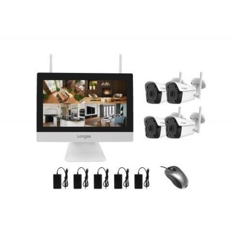 Longse Kit All-in-One Wi-Fi 4 canali,1 NVR,1 LCD da 12",4 videocamere bullet IP 5MP,con ottica da 3,6mm